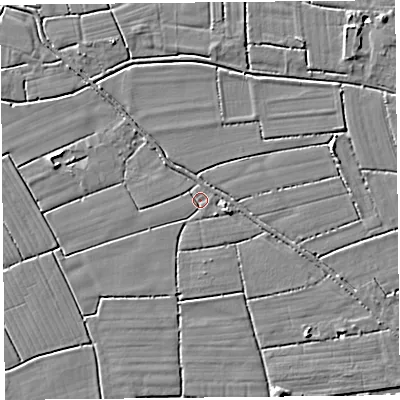 Shaded relief map of the ground around TA94QN, computed from Environment Agency LiDAR. The ground here sits at about 5 m above sea level and falls 4 m across the surrounding 800 m. Surface water reaching this point runs off ground lying to the east-north-east, 2.4 m higher.