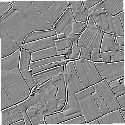 Shaded relief map of the ground around TA94QP, computed from Environment Agency LiDAR. The ground here sits at about 6 m above sea level and falls 4 m across the surrounding 800 m. Surface water reaching this point runs off ground lying to the south-south-west, 1.7 m higher.