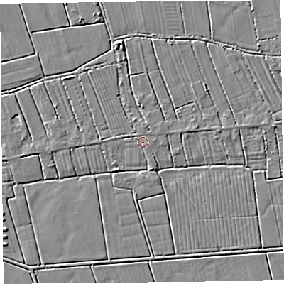 Shaded relief map of the ground around TA94QQ, computed from Environment Agency LiDAR. The ground here sits at about 5 m above sea level and falls 4 m across the surrounding 800 m. Surface water reaching this point runs off ground lying to the north-east, 1.3 m higher.