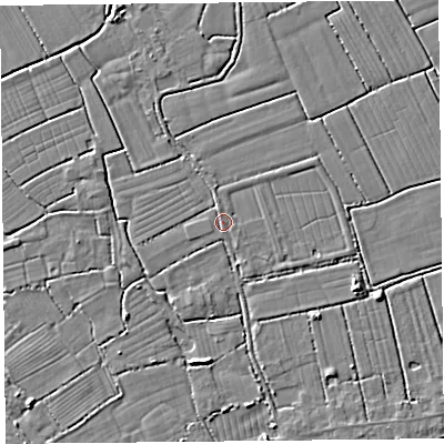 Shaded relief map of the ground around TA94QR, computed from Environment Agency LiDAR. The ground here sits at about 5 m above sea level and falls 4 m across the surrounding 800 m. Surface water reaching this point runs off ground lying to the east-south-east, 0.7 m higher.