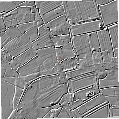 Shaded relief map of the ground around TA94QS, computed from Environment Agency LiDAR. The ground here sits at about 5 m above sea level and falls 4 m across the surrounding 800 m. Surface water reaching this point runs off ground lying to the south-west, 1.9 m higher.