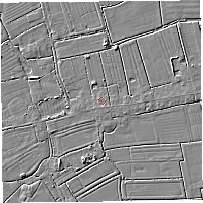Shaded relief map of the ground around TA94QT, computed from Environment Agency LiDAR. The ground here sits at about 5 m above sea level and falls 4 m across the surrounding 800 m. Surface water reaching this point runs off ground lying to the south-south-west, 0.6 m higher.