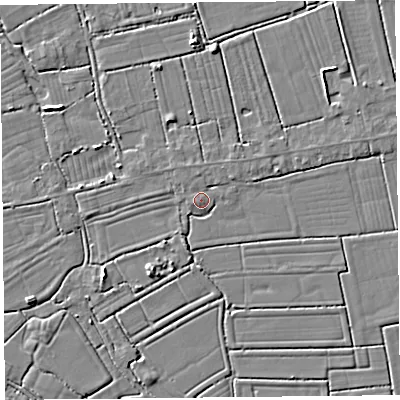 Shaded relief map of the ground around TA94QU, computed from Environment Agency LiDAR. The ground here sits at about 6 m above sea level and falls 4 m across the surrounding 800 m. Surface water reaching this point runs off ground lying to the north, 1.6 m higher.