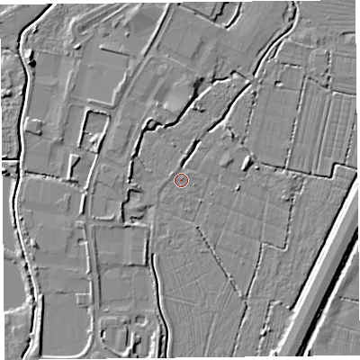 Shaded relief map of the ground around TA94QX, computed from Environment Agency LiDAR. The ground here sits at about 6 m above sea level and falls 7 m across the surrounding 800 m. Surface water reaching this point runs off ground lying to the north-west, 0.8 m higher.