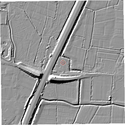 Shaded relief map of the ground around TA94QY, computed from Environment Agency LiDAR. The ground here sits at about 6 m above sea level and falls 10 m across the surrounding 800 m. Surface water reaching this point runs off ground lying to the south, 1.9 m higher.