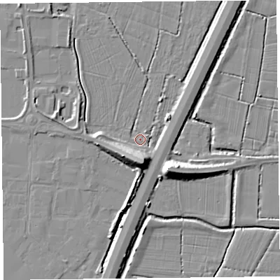 Shaded relief map of the ground around TA94QZ, computed from Environment Agency LiDAR. The ground here sits at about 6 m above sea level and falls 10 m across the surrounding 800 m. Surface water reaching this point runs off ground lying to the south, 9.3 m higher.