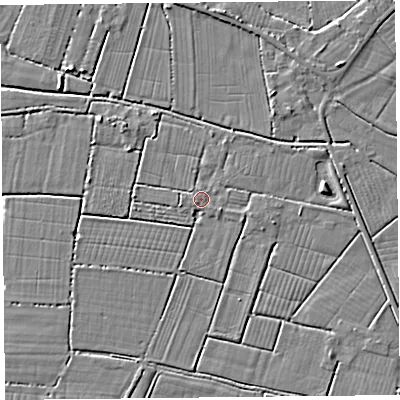 Shaded relief map of the ground around TA94RF, computed from Environment Agency LiDAR. The ground here sits at about 5 m above sea level and falls 3 m across the surrounding 800 m. Surface water reaching this point runs off ground lying to the west-south-west, 1.8 m higher.