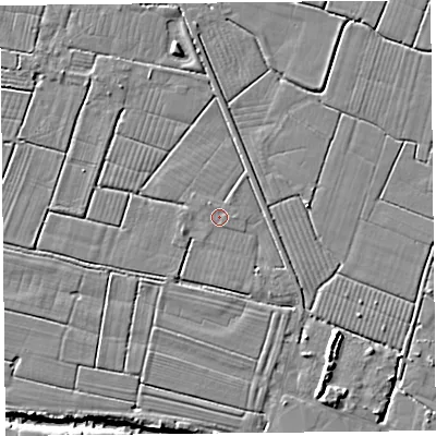 Shaded relief map of the ground around TA94RG, computed from Environment Agency LiDAR. The ground here sits at about 5 m above sea level and falls 7 m across the surrounding 800 m. Surface water reaching this point runs off ground lying to the south-east, 1.5 m higher.