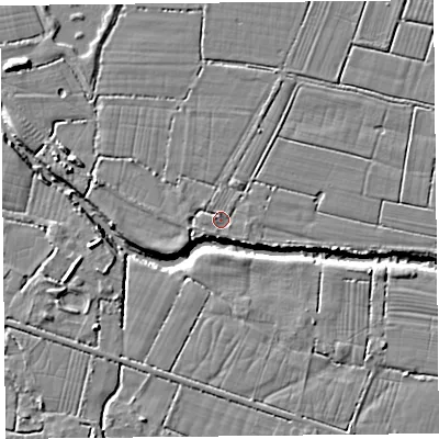 Shaded relief map of the ground around TA94RJ, computed from Environment Agency LiDAR. The ground here sits at about 5 m above sea level and falls 8 m across the surrounding 800 m. Surface water reaching this point runs off ground lying to the west, 1.2 m higher.