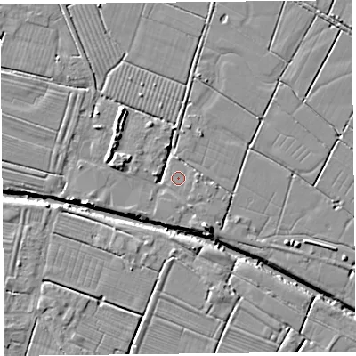 Shaded relief map of the ground around TA94RN, computed from Environment Agency LiDAR. The ground here sits at about 5 m above sea level and falls 8 m across the surrounding 800 m. The ground contributing surface water to this point lies to the east-south-east.