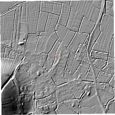 Shaded relief map of the ground around TA94RX, computed from Environment Agency LiDAR. The ground here sits at about 6 m above sea level and falls 27 m across the surrounding 800 m. Surface water reaching this point runs off ground lying to the east, 1.3 m higher.