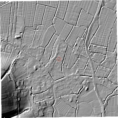 Shaded relief map of the ground around TA94RY, computed from Environment Agency LiDAR. The ground here sits at about 6 m above sea level and falls 24 m across the surrounding 800 m. Surface water reaching this point runs off ground lying to the north-west, 0.7 m higher.