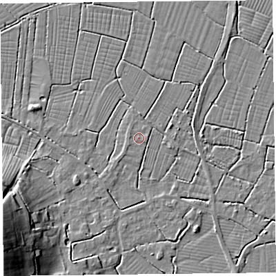 Shaded relief map of the ground around TA94RZ, computed from Environment Agency LiDAR. The ground here sits at about 6 m above sea level and falls 22 m across the surrounding 800 m. Surface water reaching this point runs off ground lying to the west-south-west, 0.7 m higher.