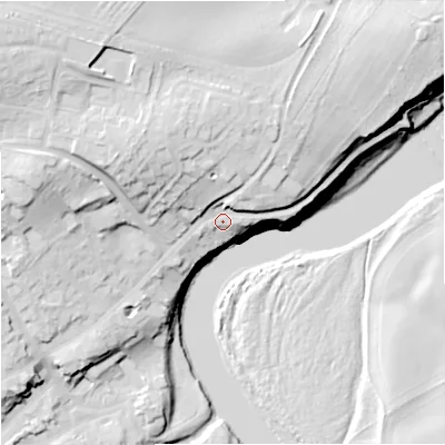 Shaded relief map of the ground around TD124AT, computed from Environment Agency LiDAR. The ground here sits at about 28 m above sea level and falls 34 m across the surrounding 800 m. Surface water reaching this point runs off ground lying to the north-north-west, 12.2 m higher.