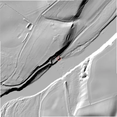 Shaded relief map of the ground around TD124NT, computed from Environment Agency LiDAR. The ground here sits at about 15 m above sea level and falls 29 m across the surrounding 800 m. Surface water reaching this point runs off ground lying to the west, 26.5 m higher.