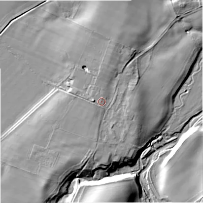 Shaded relief map of the ground around TD124QN, computed from Environment Agency LiDAR. The ground here sits at about 89 m above sea level and falls 18 m across the surrounding 800 m. Surface water reaching this point runs off ground lying to the west, 2.2 m higher.