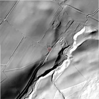 Shaded relief map of the ground around TD124QS, computed from Environment Agency LiDAR. The ground here sits at about 88 m above sea level and falls 119 m across the surrounding 800 m. Surface water reaching this point runs off ground lying to the south-west, 27.6 m higher.
