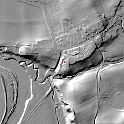 Shaded relief map of the ground around TD124RA, computed from Environment Agency LiDAR. The ground here sits at about 30 m above sea level and falls 35 m across the surrounding 800 m. Surface water reaching this point runs off ground lying to the east, 12.0 m higher.