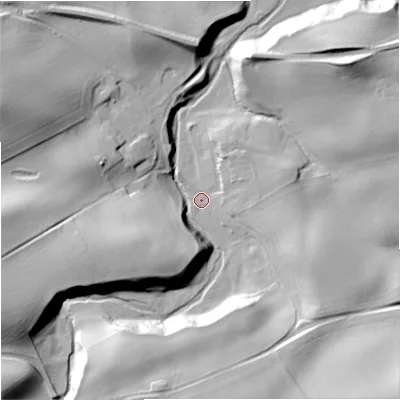 Shaded relief map of the ground around TD124RB, computed from Environment Agency LiDAR. The ground here sits at about 23 m above sea level and falls 35 m across the surrounding 800 m. Surface water reaching this point runs off ground lying to the west-south-west, 30.1 m higher.