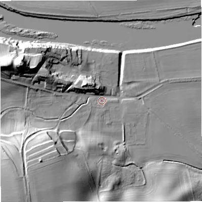 Shaded relief map of the ground around TD124RQ, computed from Environment Agency LiDAR. The ground here sits at about 20 m above sea level and falls 37 m across the surrounding 800 m. Surface water reaching this point runs off ground lying to the west-north-west, 30.6 m higher.