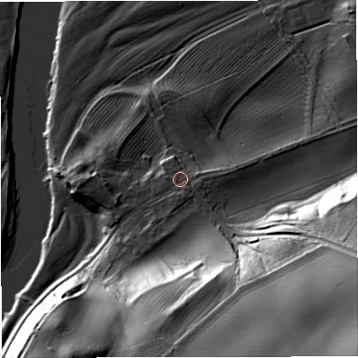 Shaded relief map of the ground around TD124RW, computed from Environment Agency LiDAR. The ground here sits at about 27 m above sea level and falls 57 m across the surrounding 800 m. Surface water reaching this point runs off ground lying to the south-east, 47.8 m higher.