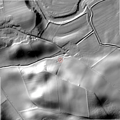 Shaded relief map of the ground around TD124TB, computed from Environment Agency LiDAR. The ground here sits at about 34 m above sea level and falls 35 m across the surrounding 800 m. Surface water reaching this point runs off ground lying to the south-south-east, 28.4 m higher.
