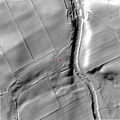 Shaded relief map of the ground around TD124TJ, computed from Environment Agency LiDAR. The ground here sits at about 39 m above sea level and falls 20 m across the surrounding 800 m. Surface water reaching this point runs off ground lying to the west-north-west, 1.4 m higher.