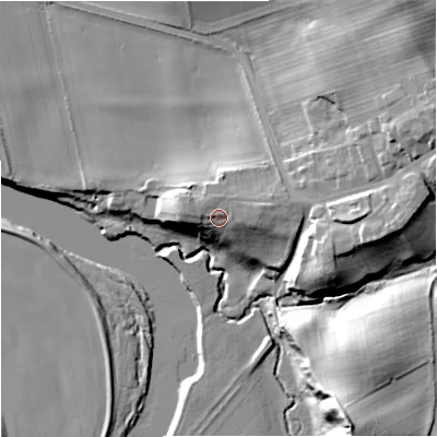 Shaded relief map of the ground around TD124UD, computed from Environment Agency LiDAR. The ground here sits at about 27 m above sea level and falls 35 m across the surrounding 800 m. Surface water reaching this point runs off ground lying to the east-north-east, 4.4 m higher.