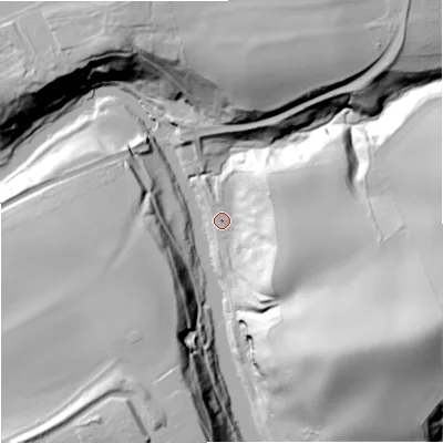Shaded relief map of the ground around TD124UX, computed from Environment Agency LiDAR. The ground here sits at about 14 m above sea level and falls 58 m across the surrounding 800 m. Surface water reaching this point runs off ground lying to the east-south-east, 29.8 m higher.