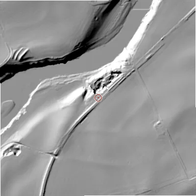 Shaded relief map of the ground around TD124UZ, computed from Environment Agency LiDAR. The ground here sits at about 31 m above sea level and falls 38 m across the surrounding 800 m. Surface water reaching this point runs off ground lying to the east-south-east, 10.6 m higher.
