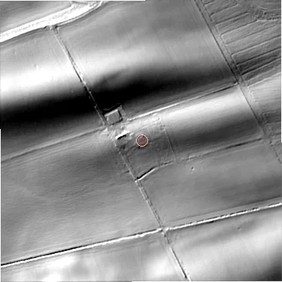 Shaded relief map of the ground around TD124XG, computed from Environment Agency LiDAR. The ground here sits at about 59 m above sea level and falls 32 m across the surrounding 800 m. Surface water reaching this point runs off ground lying to the north-north-east, 1.8 m higher.