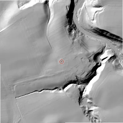 Shaded relief map of the ground around TD124XQ, computed from Environment Agency LiDAR. The ground here sits at about 51 m above sea level and falls 43 m across the surrounding 800 m. Surface water reaching this point runs off ground lying to the east, 1.2 m higher.