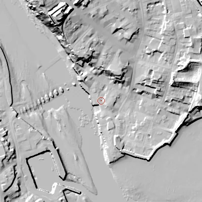 Shaded relief map of the ground around TD151HB, computed from Environment Agency LiDAR. The ground here sits at about 4 m above sea level and falls 42 m across the surrounding 800 m. Surface water reaching this point runs off ground lying to the north, 22.9 m higher.