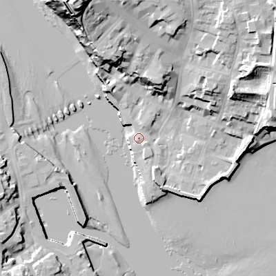 Shaded relief map of the ground around TD151HE, computed from Environment Agency LiDAR. The ground here sits at about 5 m above sea level and falls 42 m across the surrounding 800 m. Surface water reaching this point runs off ground lying to the north-north-west, 38.5 m higher.