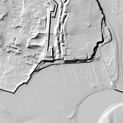 Shaded relief map of the ground around TD151JB, computed from Environment Agency LiDAR. The ground here sits at about 5 m above sea level and falls 34 m across the surrounding 800 m. Surface water reaching this point runs off ground lying to the north, 22.6 m higher.