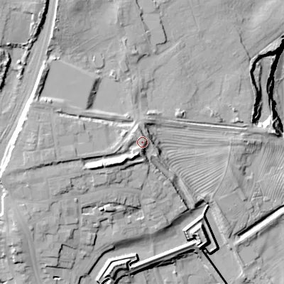 Shaded relief map of the ground around TD151NE, computed from Environment Agency LiDAR. The ground here sits at about 37 m above sea level and falls 42 m across the surrounding 800 m. Surface water reaching this point runs off ground lying to the south-west, 9.6 m higher.