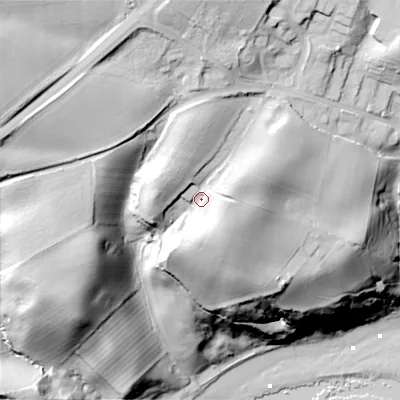 Shaded relief map of the ground around TD151PB, computed from Environment Agency LiDAR. The ground here sits at about 53 m above sea level and falls 80 m across the surrounding 800 m. Surface water reaching this point runs off ground lying to the north, 25.5 m higher.