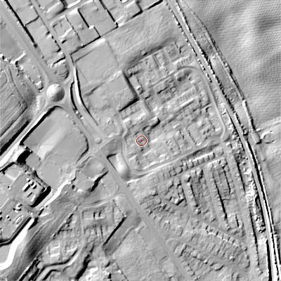 Shaded relief map of the ground around TD151SJ, computed from Environment Agency LiDAR. The ground here sits at about 53 m above sea level and falls 41 m across the surrounding 800 m. Surface water reaching this point runs off ground lying to the west-south-west, 3.0 m higher.