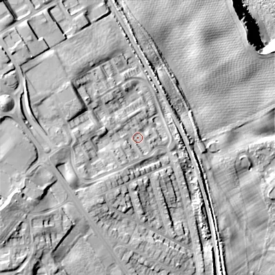 Shaded relief map of the ground around TD151SL, computed from Environment Agency LiDAR. The ground here sits at about 46 m above sea level and falls 64 m across the surrounding 800 m. Surface water reaching this point runs off ground lying to the west-south-west, 12.1 m higher.