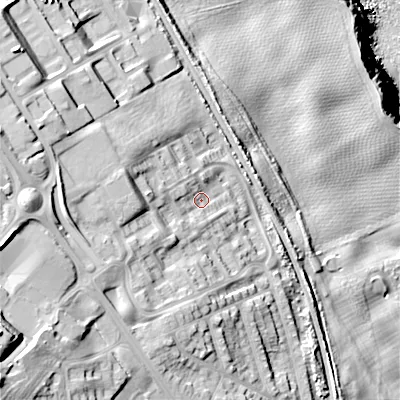 Shaded relief map of the ground around TD151SN, computed from Environment Agency LiDAR. The ground here sits at about 46 m above sea level and falls 71 m across the surrounding 800 m. Surface water reaching this point runs off ground lying to the west, 18.3 m higher.