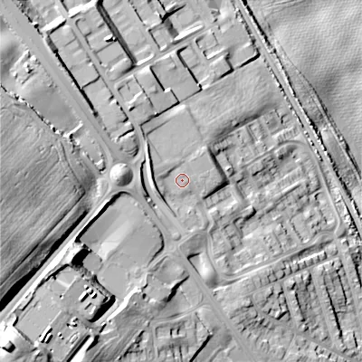 Shaded relief map of the ground around TD151SP, computed from Environment Agency LiDAR. The ground here sits at about 56 m above sea level and falls 48 m across the surrounding 800 m. Surface water reaching this point runs off ground lying to the west-north-west, 3.8 m higher.