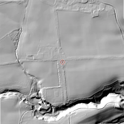 Shaded relief map of the ground around TD151SZ, computed from Environment Agency LiDAR. The ground here sits at about 38 m above sea level and falls 41 m across the surrounding 800 m. Surface water reaching this point runs off ground lying to the north-east, 1.2 m higher.