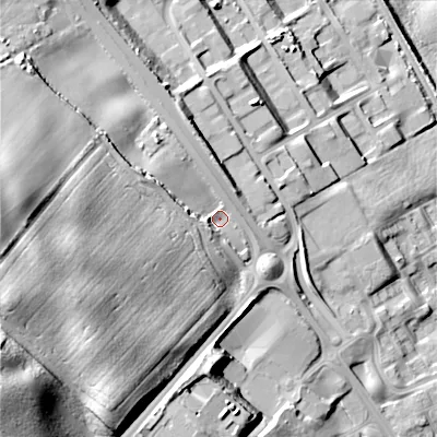 Shaded relief map of the ground around TD151UR, computed from Environment Agency LiDAR. The ground here sits at about 62 m above sea level and falls 57 m across the surrounding 800 m. Surface water reaching this point runs off ground lying to the west, 25.8 m higher.