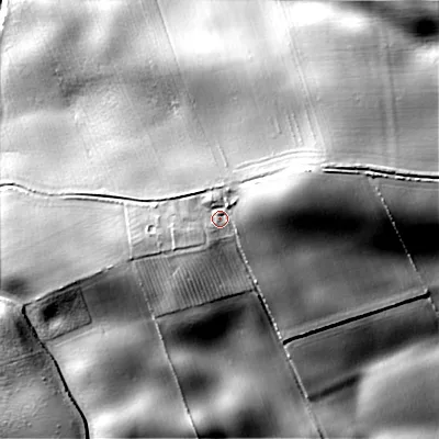 Shaded relief map of the ground around TD151UX, computed from Environment Agency LiDAR. The ground here sits at about 67 m above sea level and falls 55 m across the surrounding 800 m. Surface water reaching this point runs off ground lying to the east-north-east, 18.5 m higher.