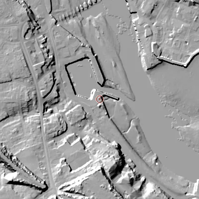 Shaded relief map of the ground around TD152AB, computed from Environment Agency LiDAR. The ground here sits at about 4 m above sea level and falls 34 m across the surrounding 800 m. Surface water reaching this point runs off ground lying to the south, 6.1 m higher.