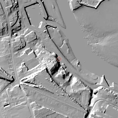 Shaded relief map of the ground around TD152BE, computed from Environment Agency LiDAR. The ground here sits at about 5 m above sea level and falls 36 m across the surrounding 800 m. Surface water reaching this point runs off ground lying to the south-south-west, 26.4 m higher.