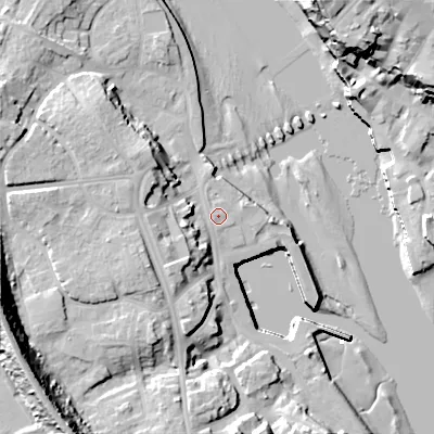 Shaded relief map of the ground around TD152EP, computed from Environment Agency LiDAR. The ground here sits at about 5 m above sea level and falls 32 m across the surrounding 800 m. Surface water reaching this point runs off ground lying to the west-north-west, 0.5 m higher.