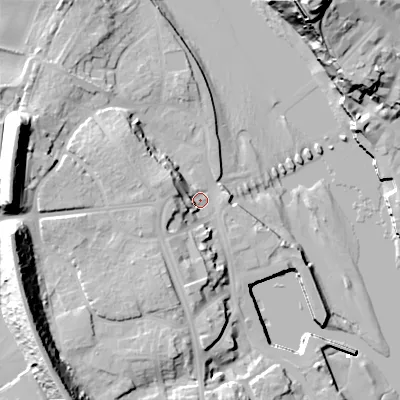 Shaded relief map of the ground around TD152HD, computed from Environment Agency LiDAR. The ground here sits at about 5 m above sea level and falls 42 m across the surrounding 800 m. Surface water reaching this point runs off ground lying to the west, 27.0 m higher.