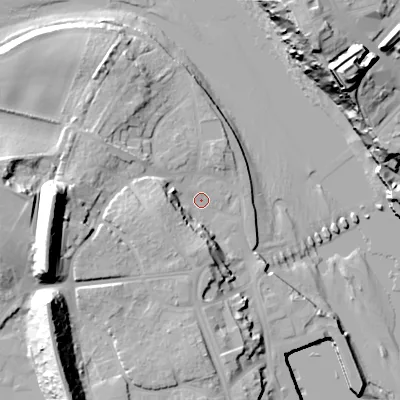 Shaded relief map of the ground around TD152HE, computed from Environment Agency LiDAR. The ground here sits at about 4 m above sea level and falls 42 m across the surrounding 800 m. Surface water reaching this point runs off ground lying to the west, 27.3 m higher.
