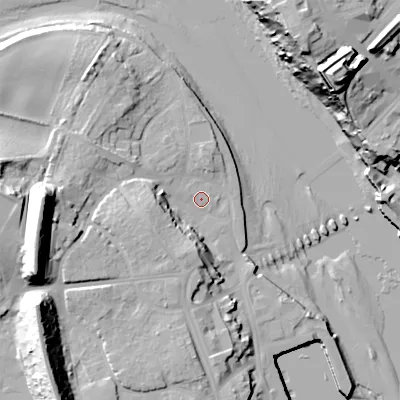 Shaded relief map of the ground around TD152HF, computed from Environment Agency LiDAR. The ground here sits at about 4 m above sea level and falls 42 m across the surrounding 800 m. Surface water reaching this point runs off ground lying to the west, 27.8 m higher.